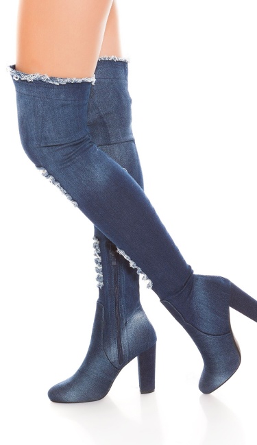 Sexy denim-spijkerstof overknee laarzen gebruikte used look blokhak jeansblauw
